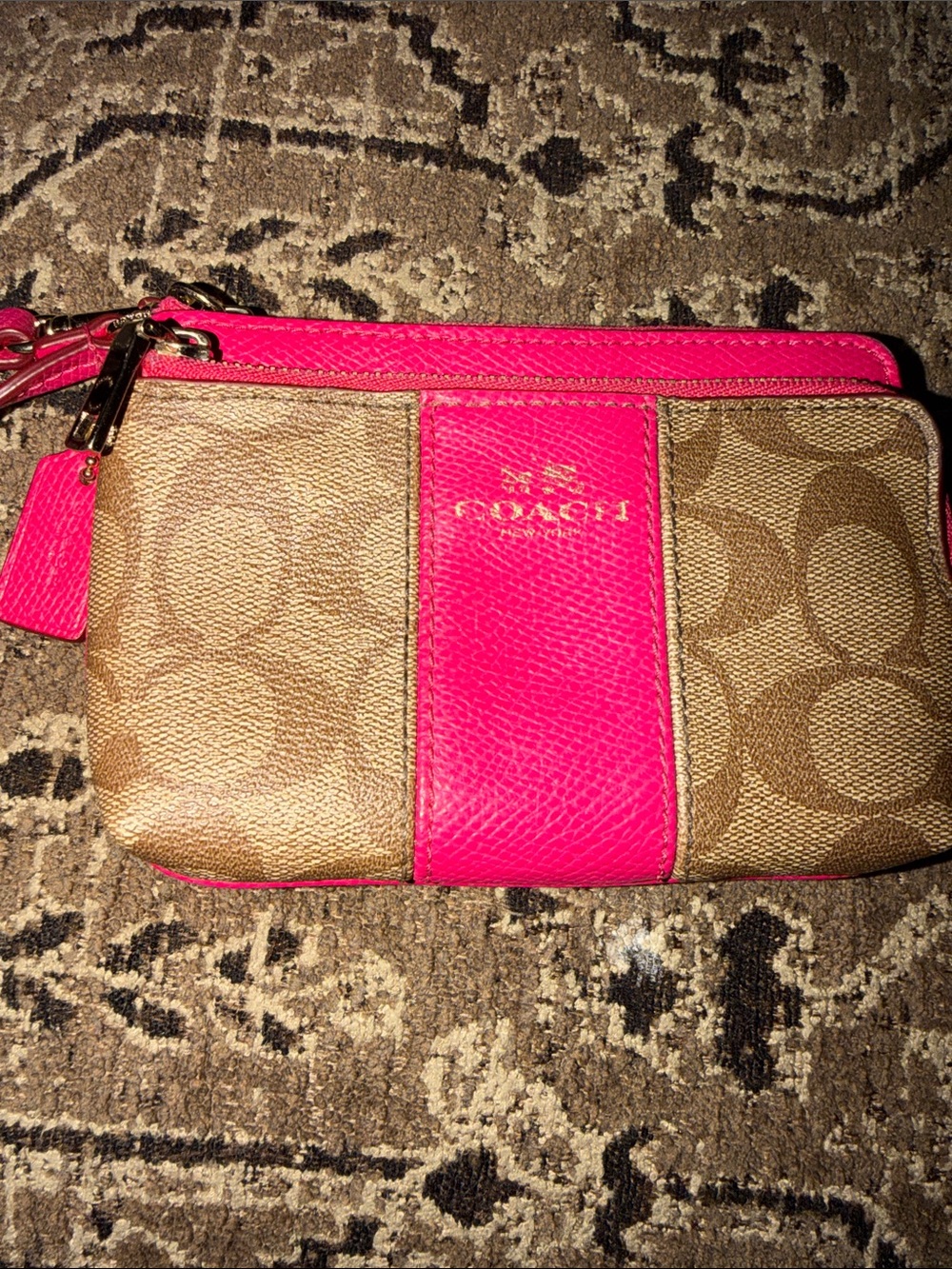 Coach Signature Canvas Corner Zip Wristlet with Pink Middle